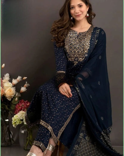 LIBASRACHNA Sequence Embroidered Dark Blue Kurta And Pant Set With Dupatta