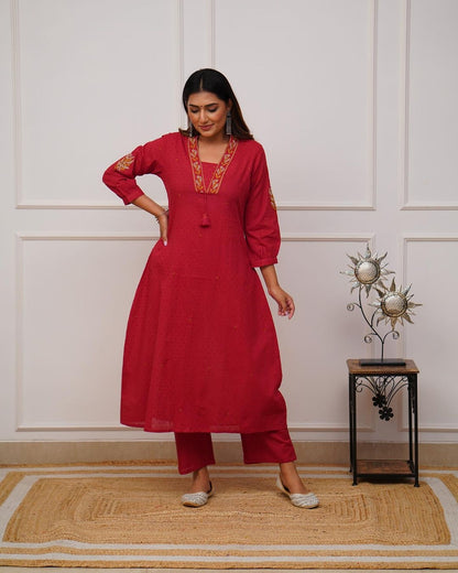 Cotton A-Line Kurta with pants - RED