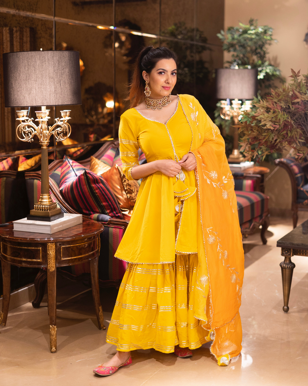 LIBASRACHNA "Sunshine Chic: The Yellow Mellow Gota Patti Sharara Set with Dupatta"