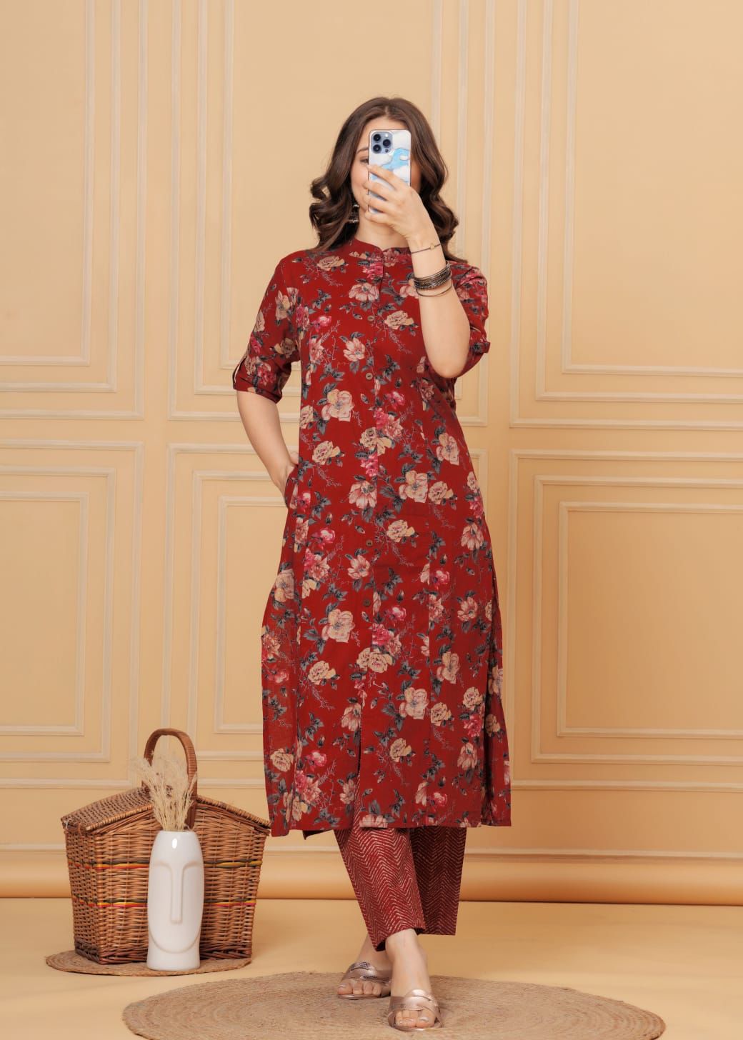 LIBASRACHNA "Blooming Maroon: Floral Cotton Co-ord Kurti Pant Set for Summer"