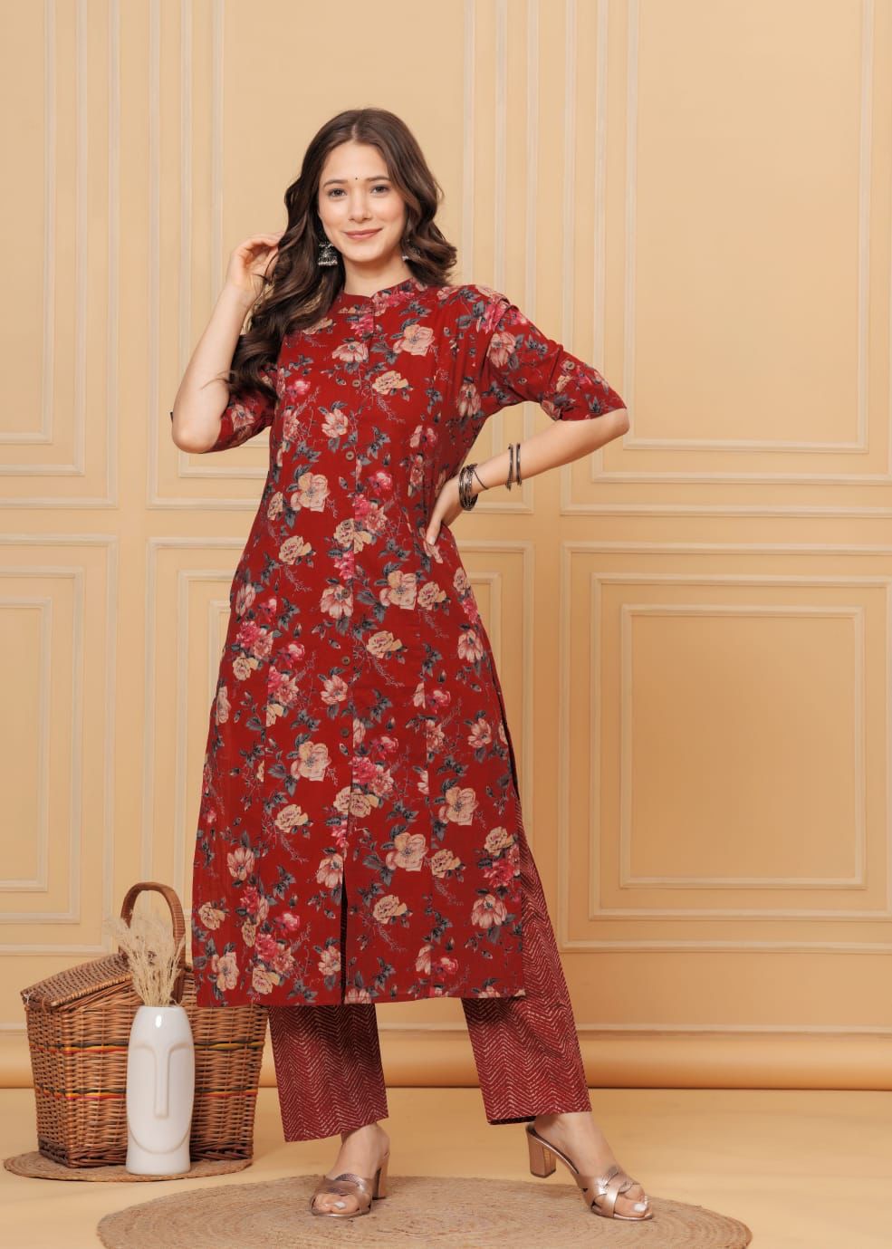 LIBASRACHNA "Blooming Maroon: Floral Cotton Co-ord Kurti Pant Set for Summer"