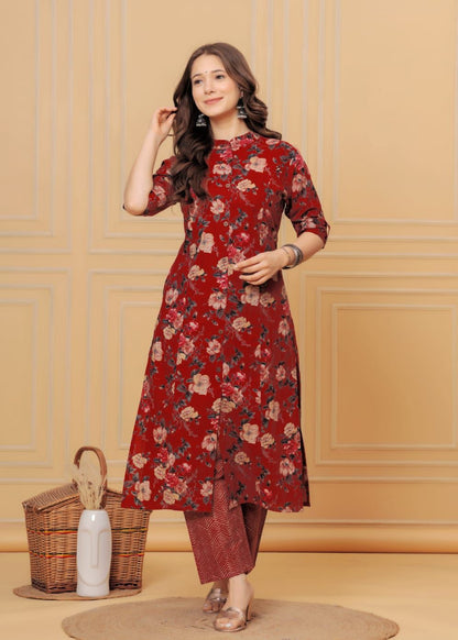 LIBASRACHNA "Blooming Maroon: Floral Cotton Co-ord Kurti Pant Set for Summer"