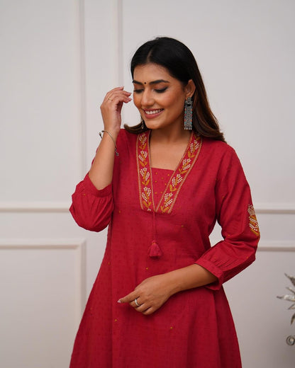 Cotton A-Line Kurta with pants - RED