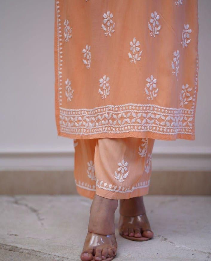 Light Orange Chicken Embroidery Kurti and Pant Set"