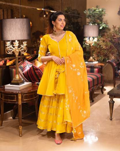 LIBASRACHNA "Sunshine Chic: The Yellow Mellow Gota Patti Sharara Set with Dupatta"