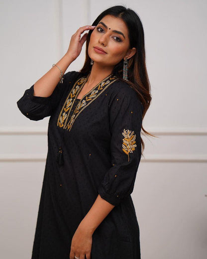 Cotton A-Line Kurta with pants - BLACK