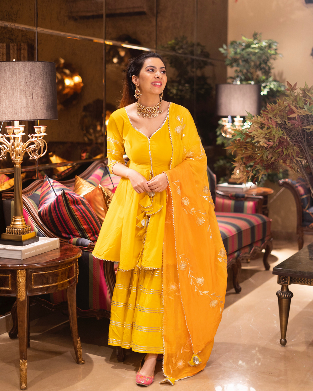 LIBASRACHNA "Sunshine Chic: The Yellow Mellow Gota Patti Sharara Set with Dupatta"