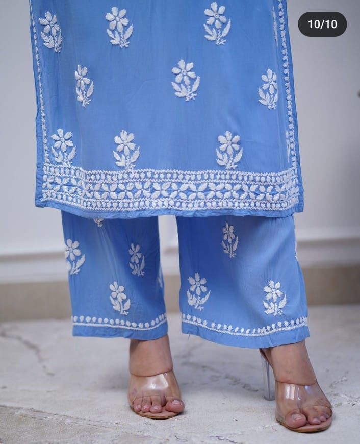 Blue Chicken Embroidery Kurti and Pant Set"