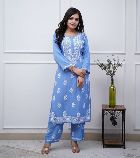 Blue Chicken Embroidery Kurti and Pant Set"