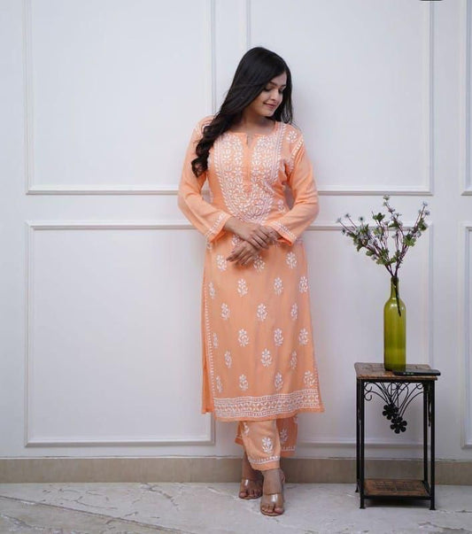 Light Orange Chicken Embroidery Kurti and Pant Set"