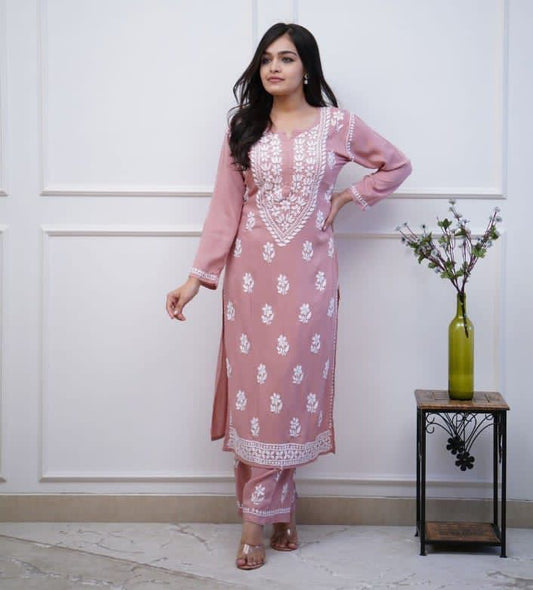 "Stylish Chicken Embroidery Kurti & Pant in Soft Pink"