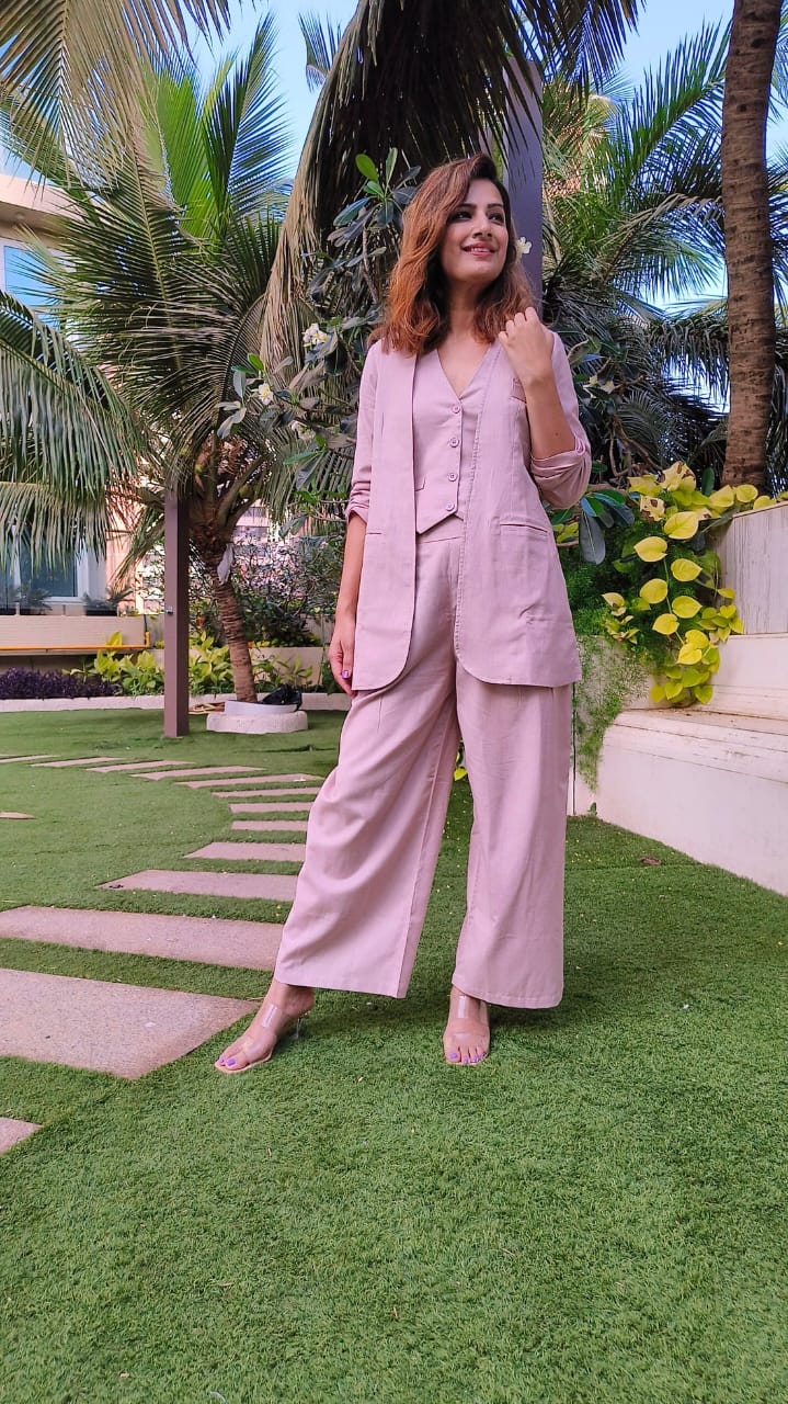 pink Bell-bottom pants with halter vest coat and long blazer cord set