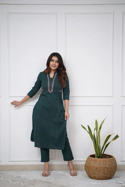 Green Embroidered Kurta Pant Set