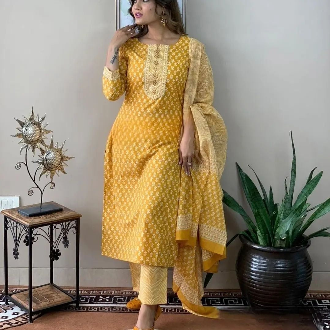 yellow cotton kurta pant with dupatta set