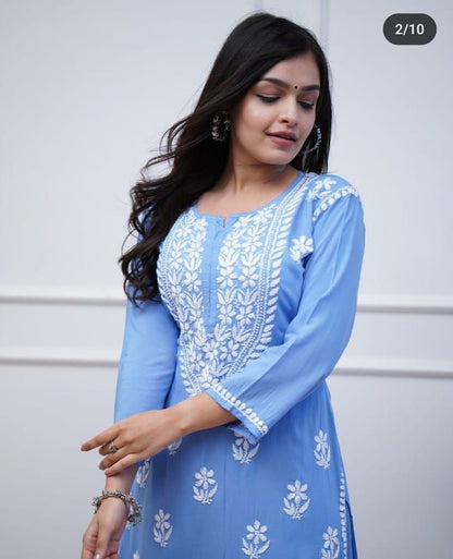 Blue Chicken Embroidery Kurti and Pant Set"