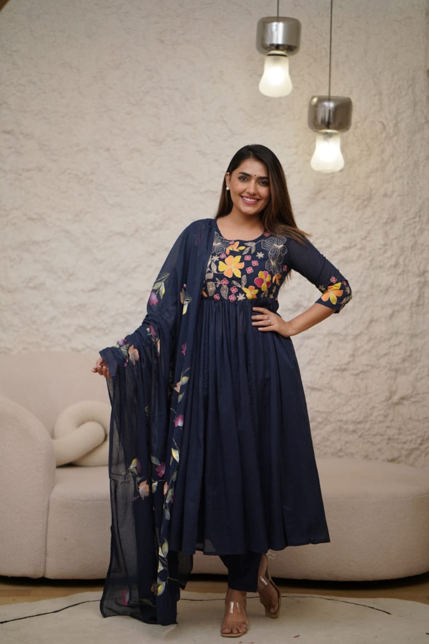 Navy Blue Kurta Pant with Dupatta Set