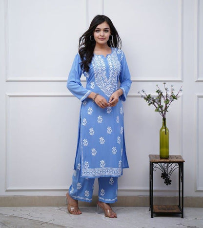 Blue Chicken Embroidery Kurti and Pant Set"