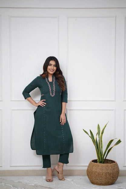 Green Embroidered Kurta Pant Set