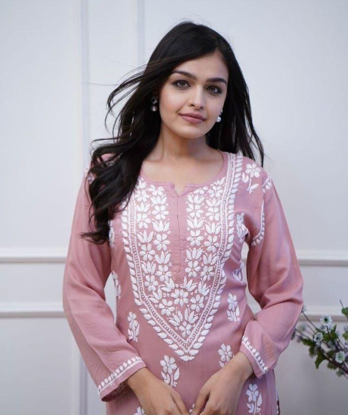 "Stylish Chicken Embroidery Kurti & Pant in Soft Pink"