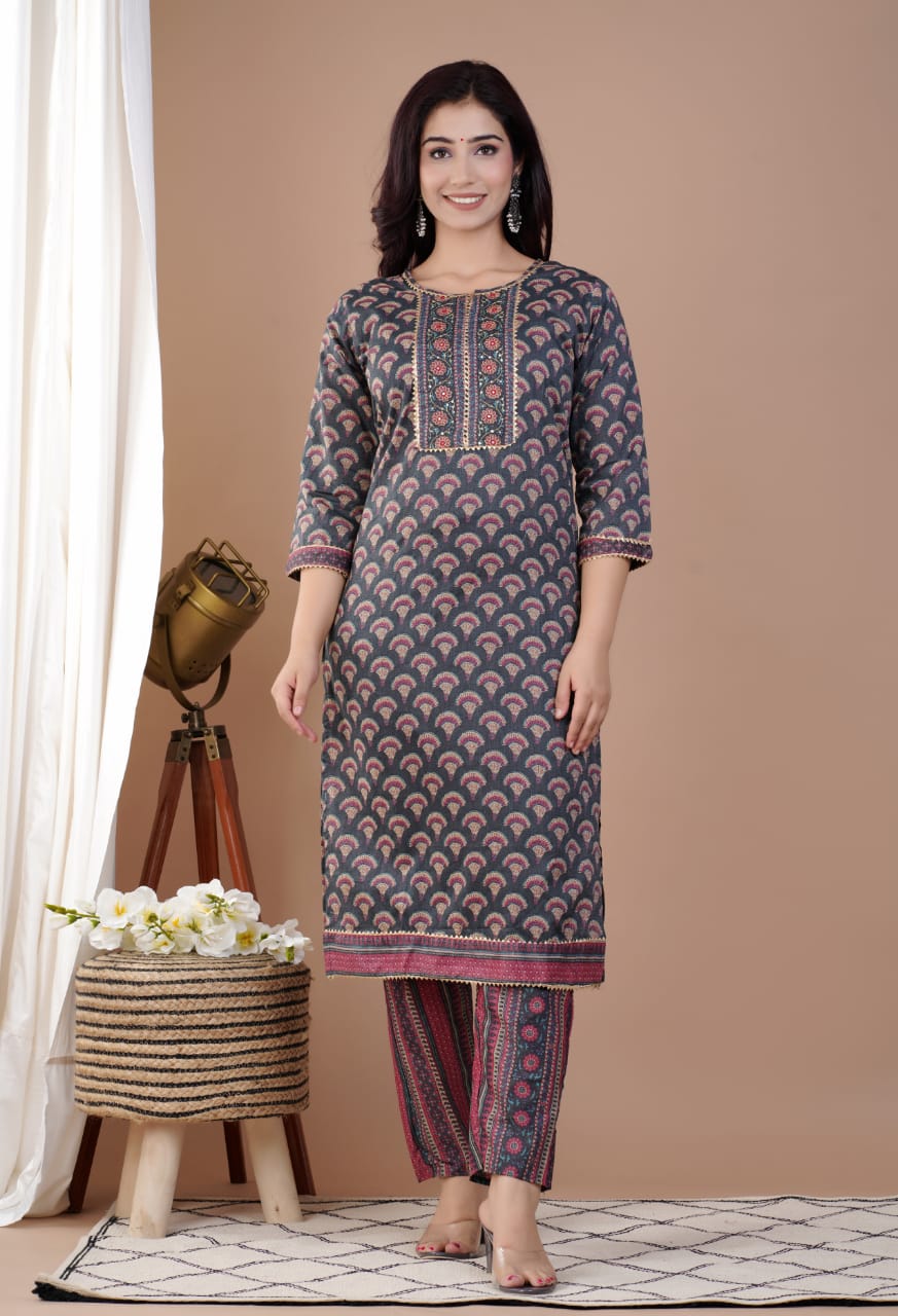 Cotton lace work kurti pant dupatta set