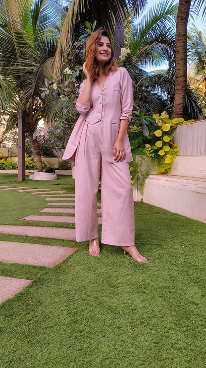 pink Bell-bottom pants with halter vest coat and long blazer cord set