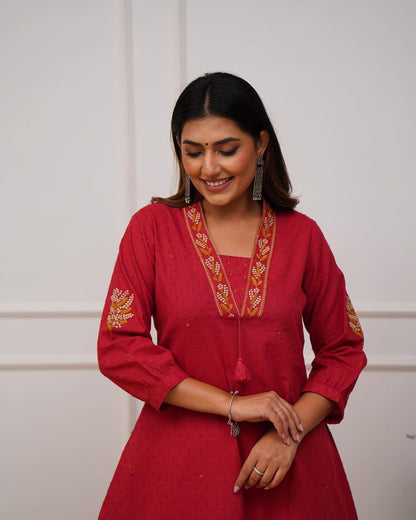 Cotton A-Line Kurta with pants - RED