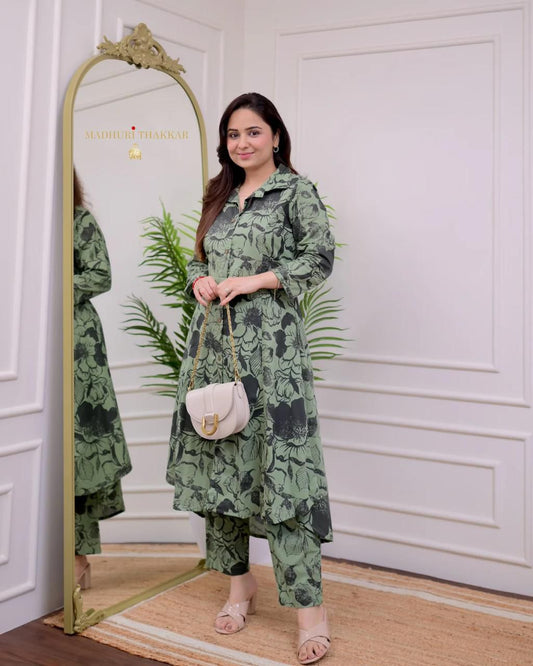 Green A-Line Kurta with Pant Set"