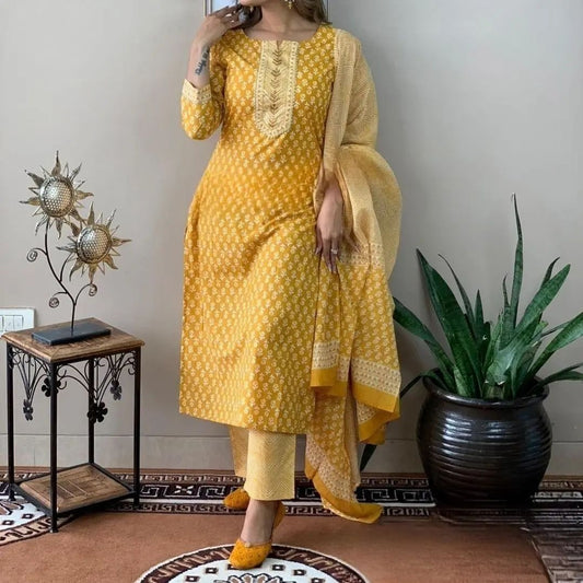 yellow cotton kurta pant with dupatta set