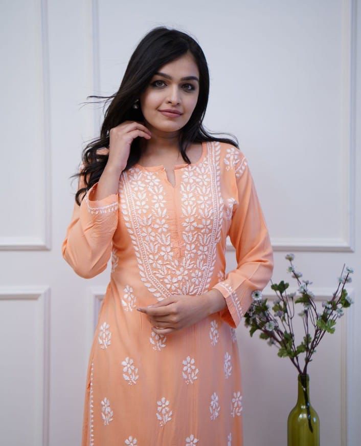 Light Orange Chicken Embroidery Kurti and Pant Set"