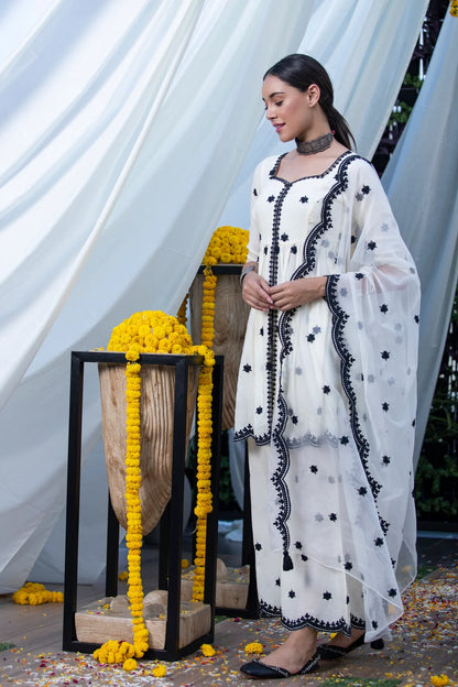 LIBASRACHNA White Embroidered Cotton Suit Set With Embroidered Organza Dupatta