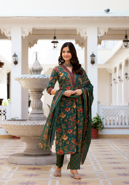 LIBASRACHNA GREEN FLORAL PRINT SUIT SET