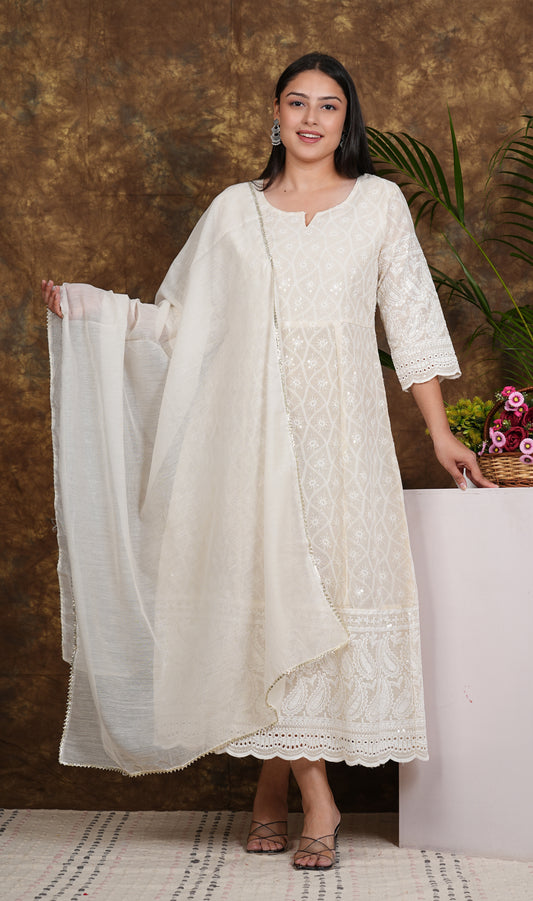 LIBASRACHNA Chikankari Cotton Off White Anarkali Kurta With Dupatta