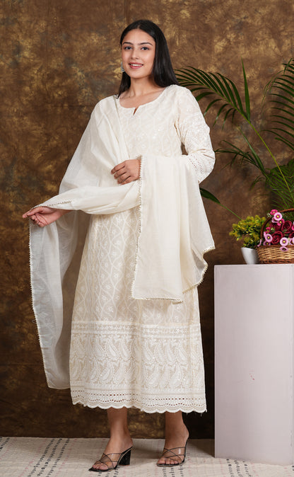 LIBASRACHNA Chikankari Cotton Off White Anarkali Kurta With Dupatta