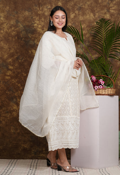 LIBASRACHNA Chikankari Cotton Off White Anarkali Kurta With Dupatta