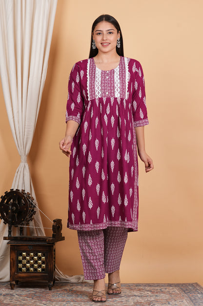 LIBASRACHNA Wine Ethnic Motifs Printed Nayra Cut Kurta And Pant Set