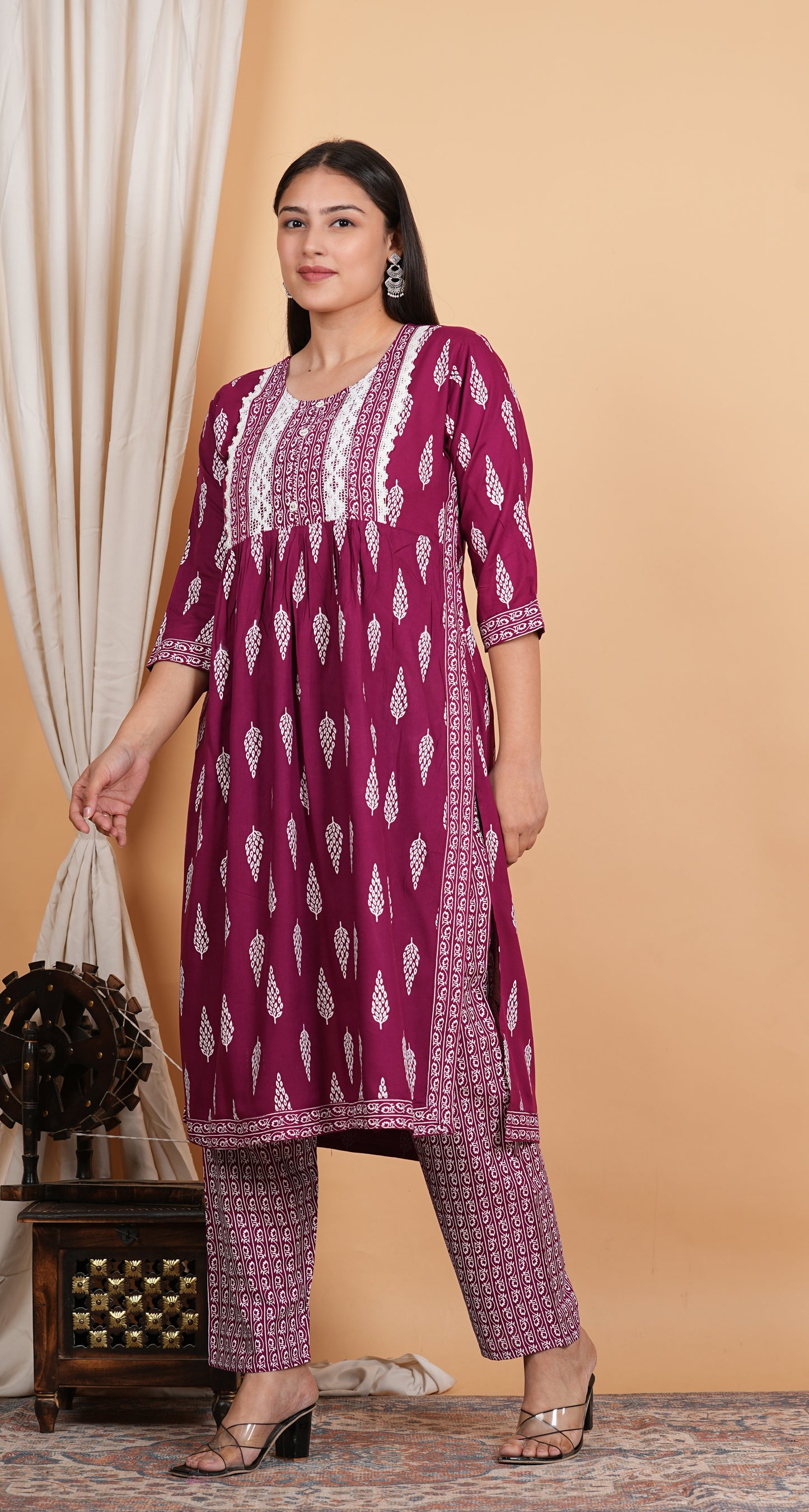 LIBASRACHNA Wine Ethnic Motifs Printed Nayra Cut Kurta And Pant Set