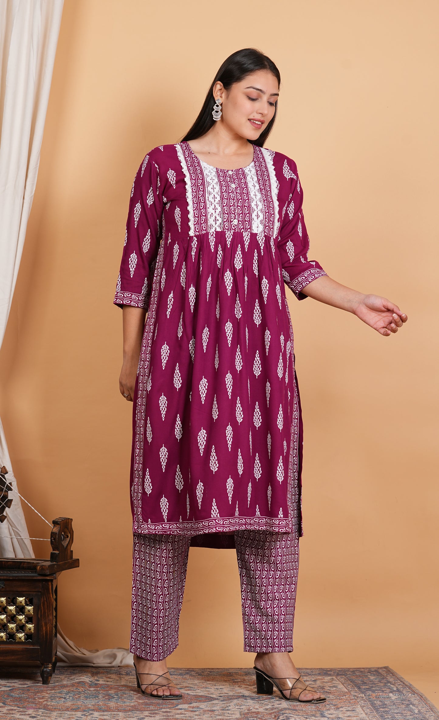 LIBASRACHNA Wine Ethnic Motifs Printed Nayra Cut Kurta And Pant Set