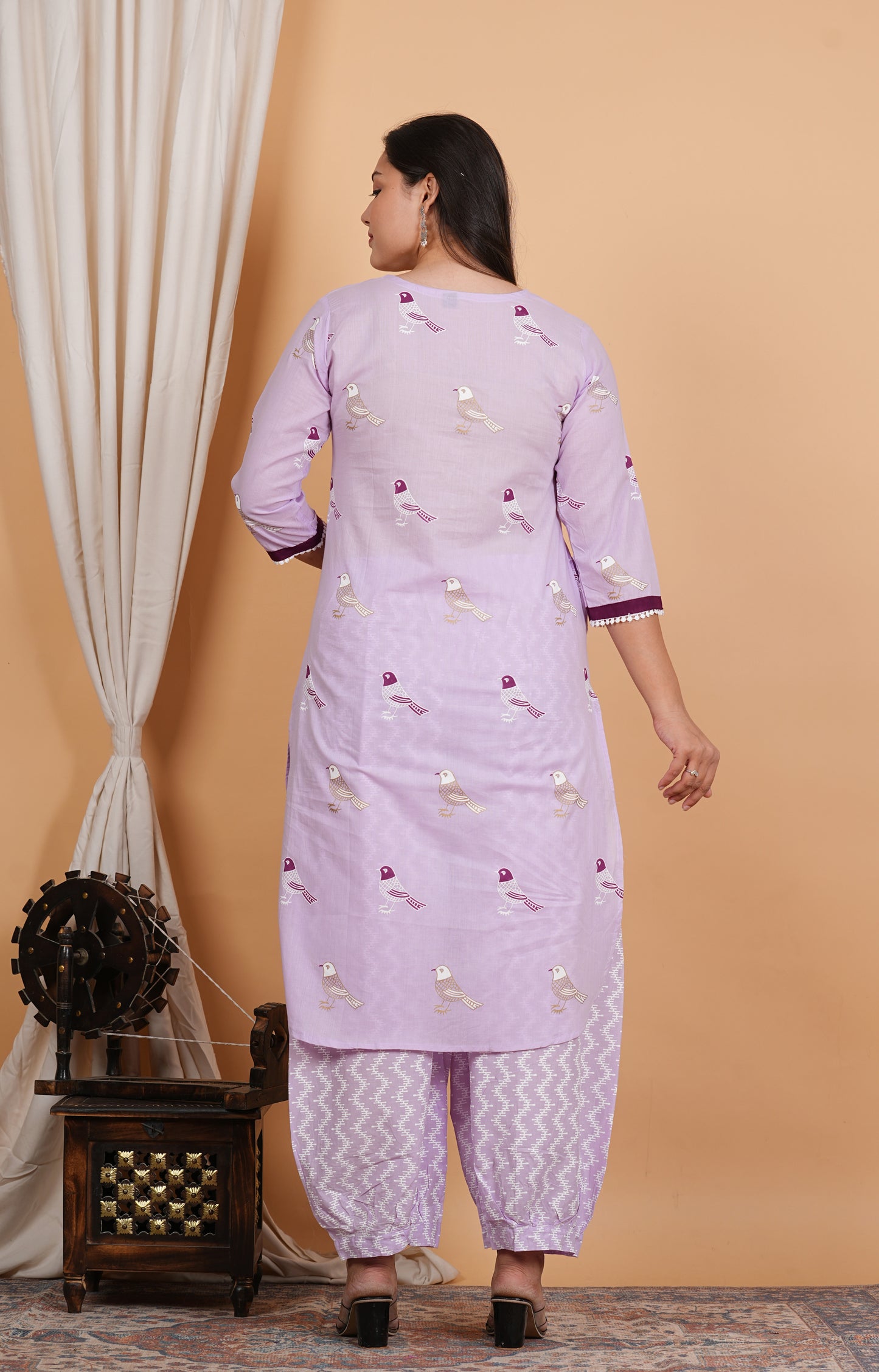 LIBASRACHNA Bird Printed Pink Cotton Kurta And Pant Set With Dupatta