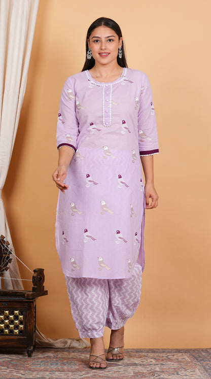 LIBASRACHNA Bird Printed Pink Cotton Kurta And Pant Set With Dupatta