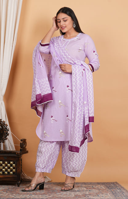 LIBASRACHNA Bird Printed Pink Cotton Kurta And Pant Set With Dupatta