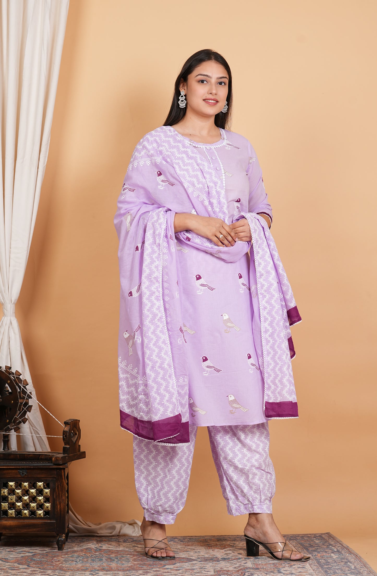 LIBASRACHNA Bird Printed Pink Cotton Kurta And Pant Set With Dupatta