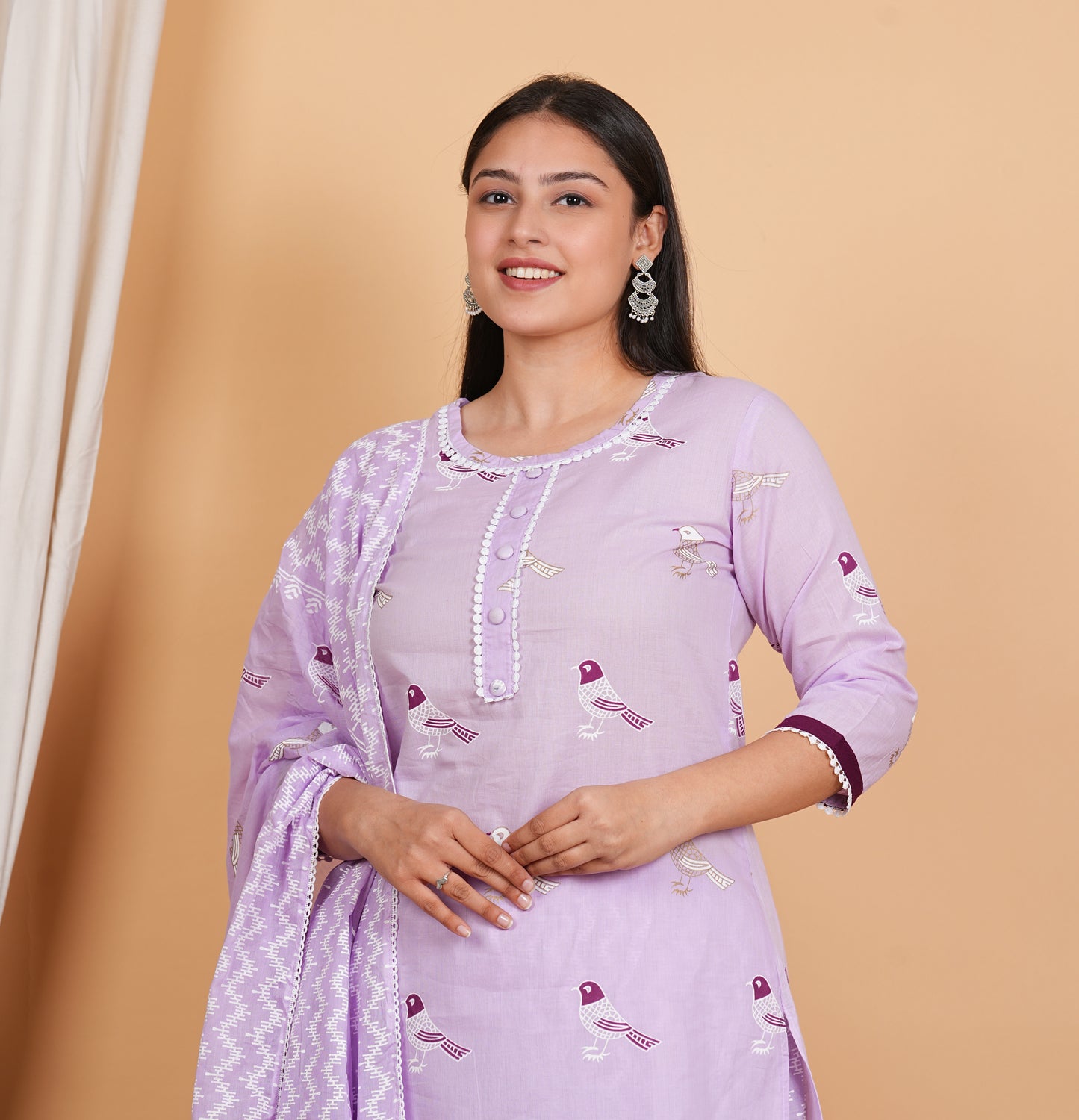 LIBASRACHNA Bird Printed Pink Cotton Kurta And Pant Set With Dupatta