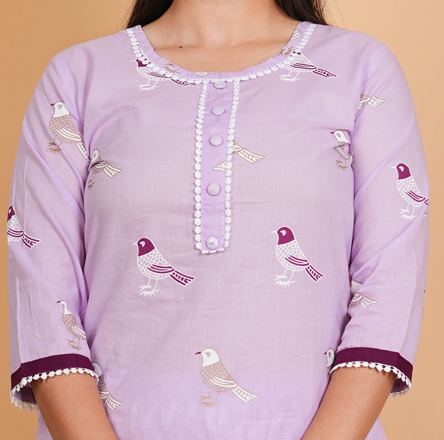 LIBASRACHNA Bird Printed Pink Cotton Kurta And Pant Set With Dupatta