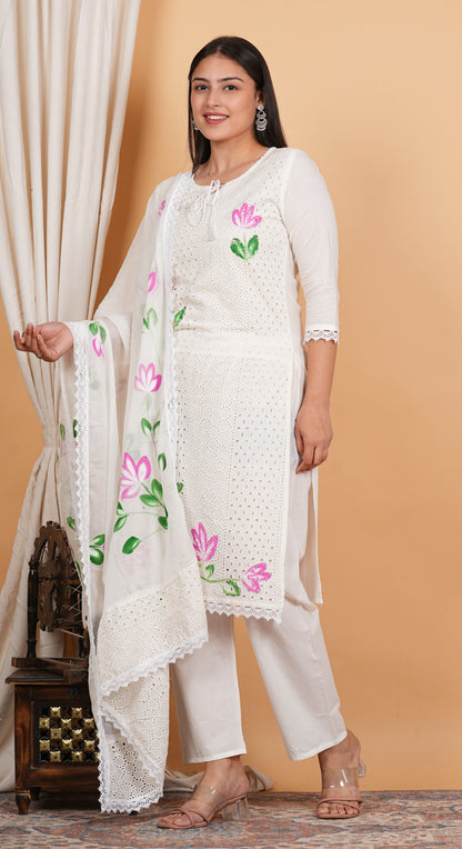 LIBASRACHNA Chicken Schiffli Hand Painted Kurta And Pant Set With Dupatta