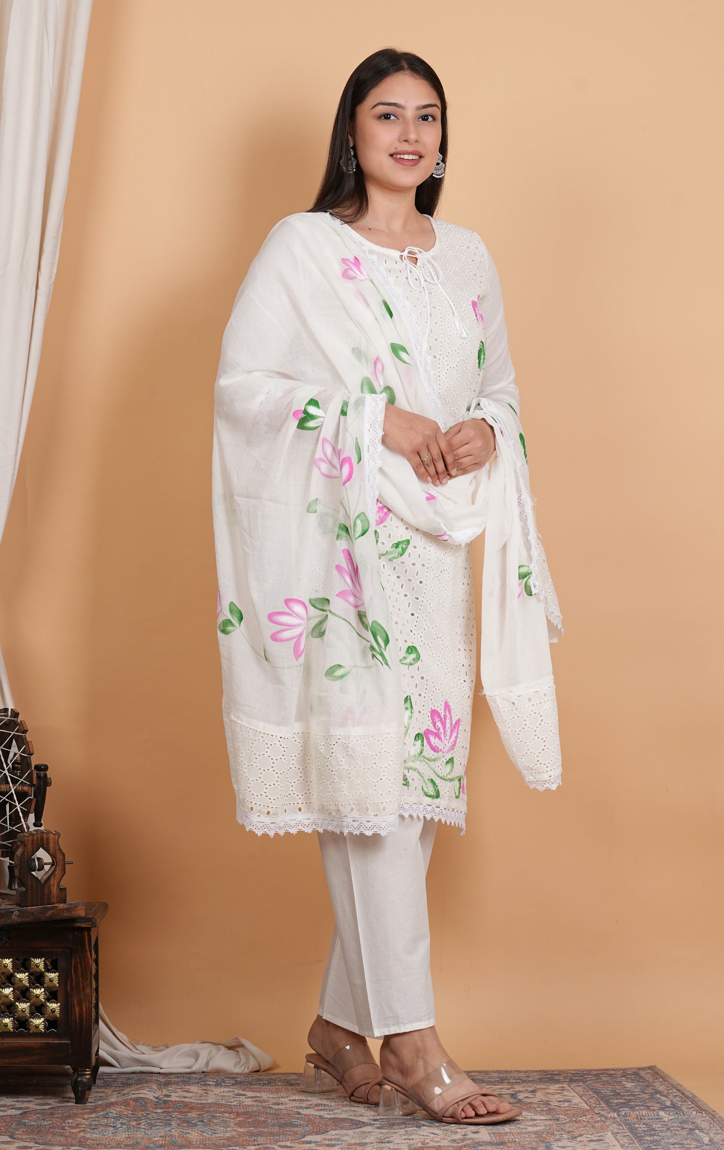 LIBASRACHNA Chicken Schiffli Hand Painted Kurta And Pant Set With Dupatta