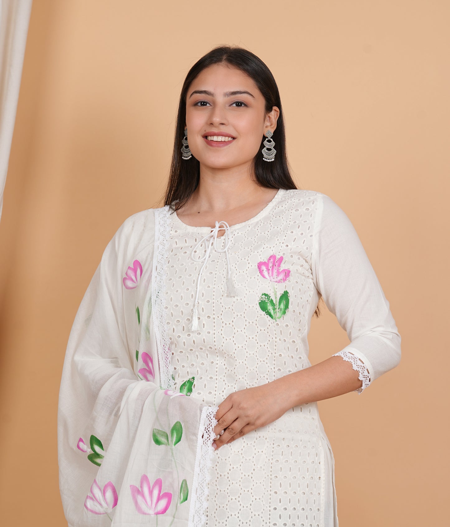 LIBASRACHNA Chicken Schiffli Hand Painted Kurta And Pant Set With Dupatta