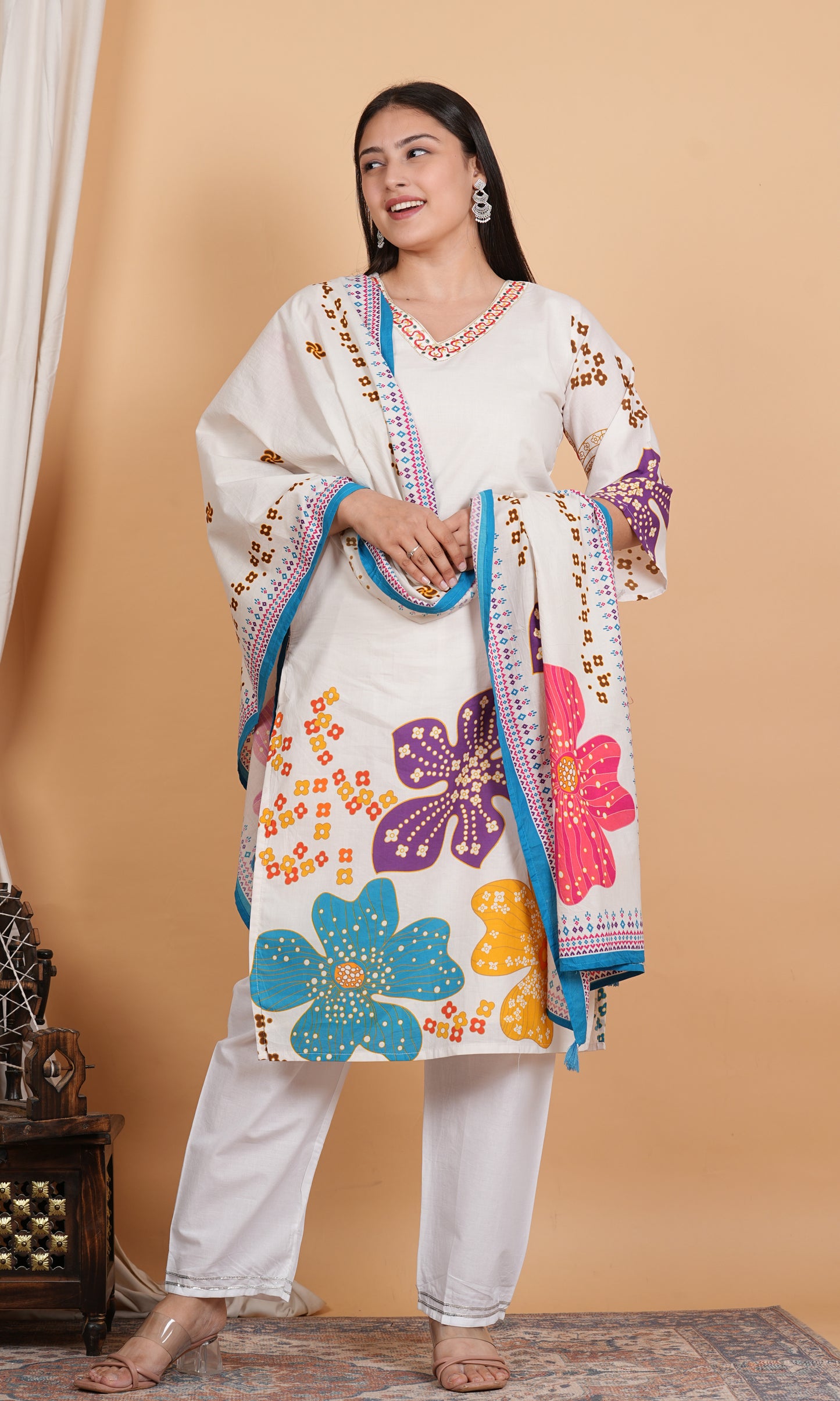 Digital printed cotton kurti pant with dupatta set