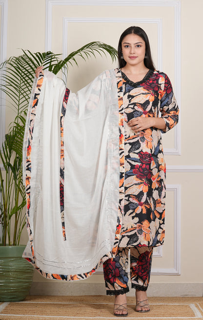 Multicolor Muslin  Kurta and Pant Set with White Dupatta