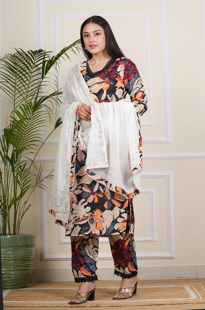 Multicolor Muslin  Kurta and Pant Set with White Dupatta