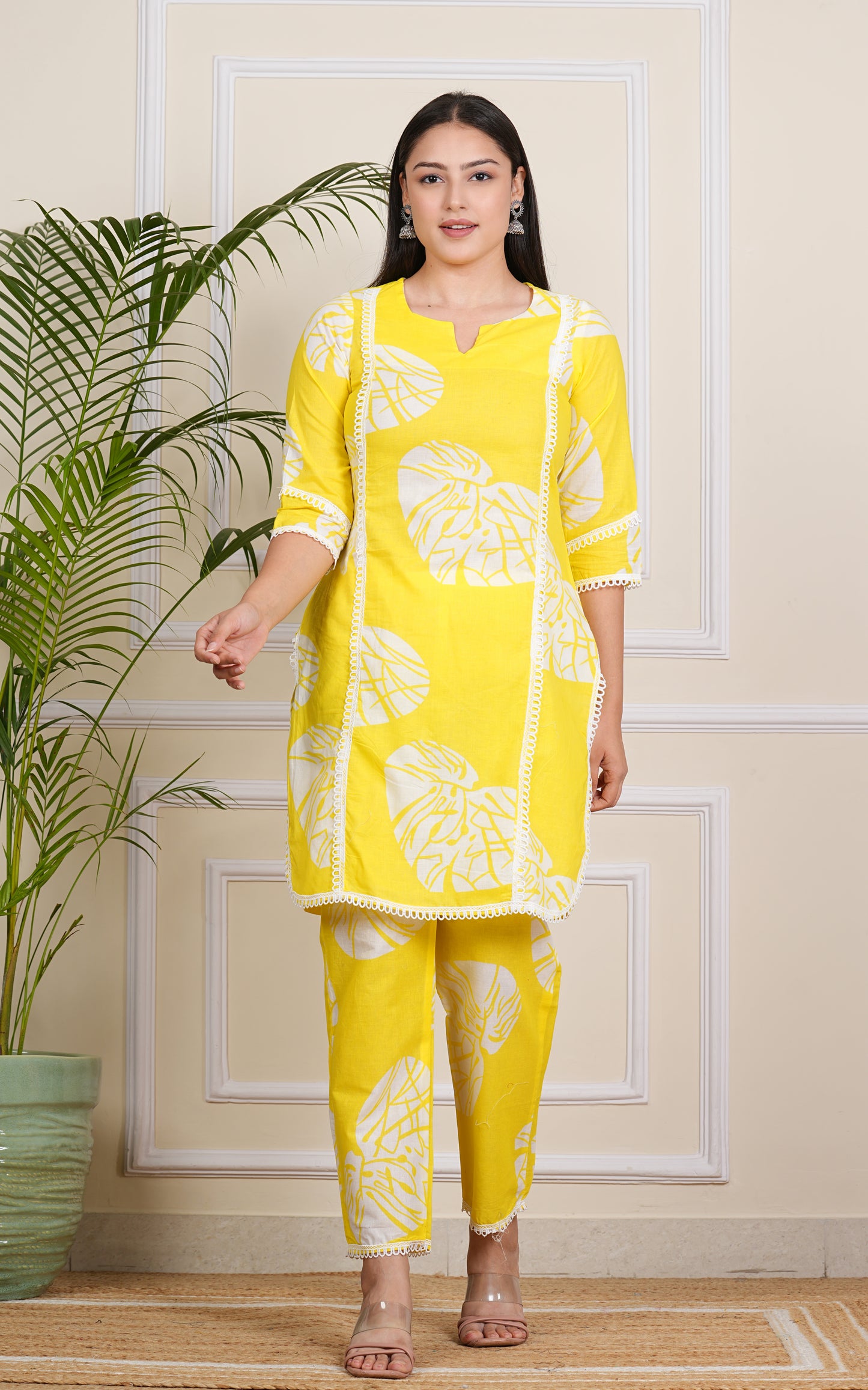 "Sunny Elegance: Yellow Cotton Kurta and Pant Set"